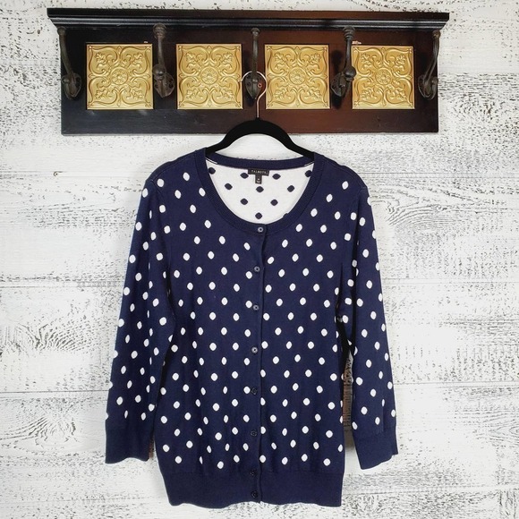 Talbots Navy with White Polka Dots Knit Sweater Button Front Cardigan - Picture 2 of 9